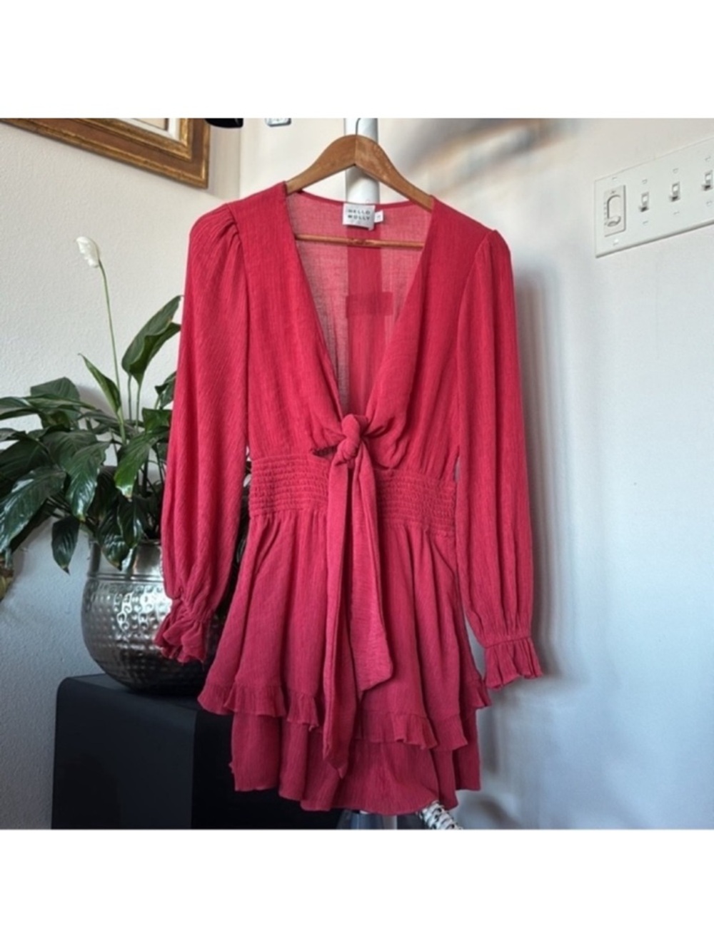 Hello Molly  Lost Somebody Gauze Long Sleeve Mini Dress Sz S/4 Front Tie Ruffles - Picture 6 of 16
